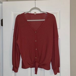 Lazy Sundays Waffle Knit Long Sleeve V Neck Top